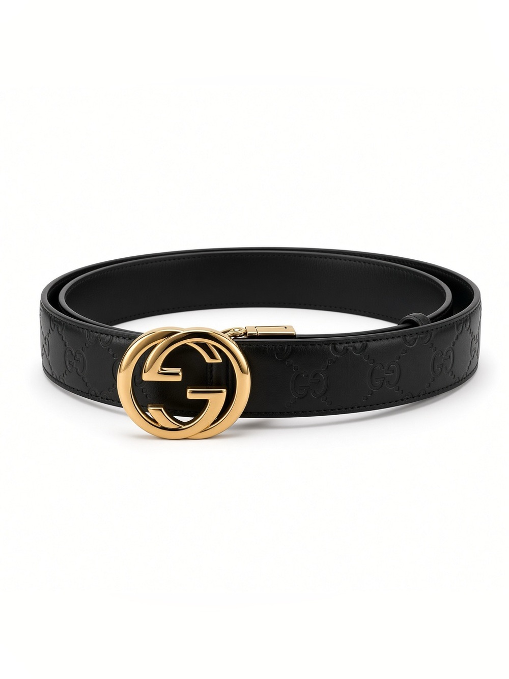 Brand New FASHION Men's Black Leather Logo Belt with Gold Buckle